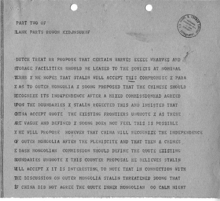 Telegram from Ambassador Averell Harriman to President Harry S. Truman and Secretary of State James Byrnes