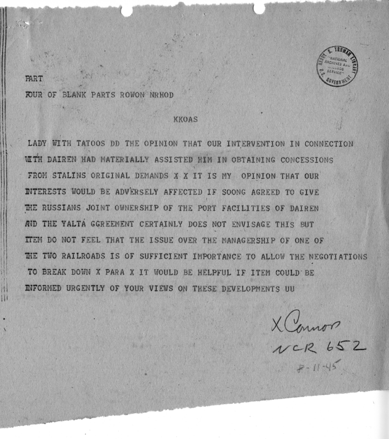 Telegram from Ambassador Averell Harriman to President Harry S. Truman and Secretary of State James Byrnes