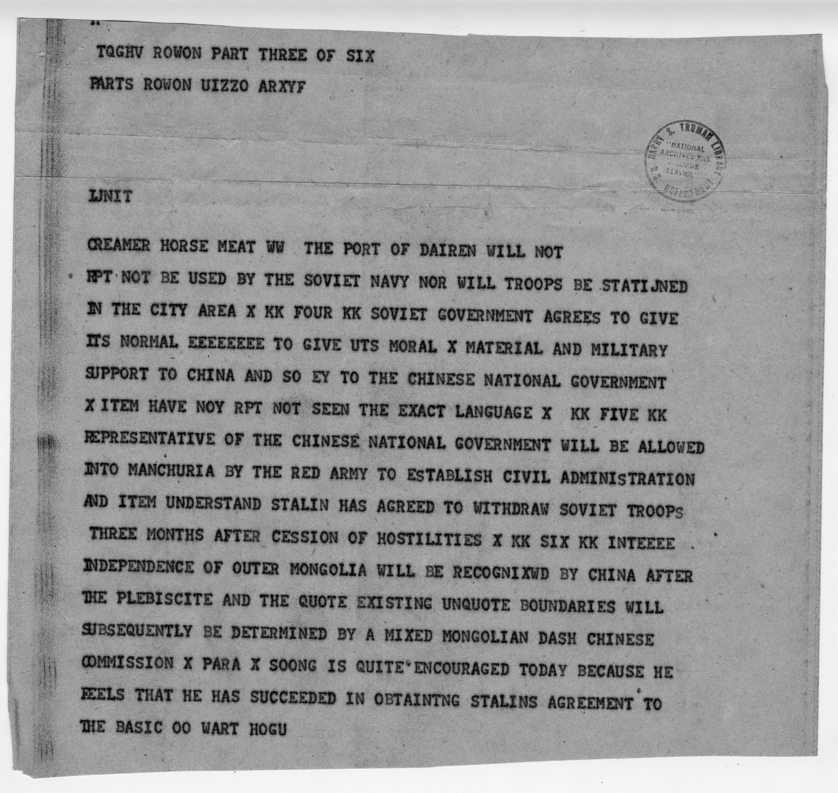 Telegram from Ambassador Averell Harriman to President Harry S. Truman and Secretary of State James Byrnes