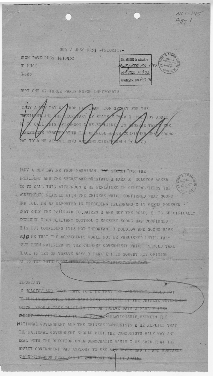 Telegram from Ambassador Averell Harriman to President Harry S. Truman and Secretary of State James Byrnes