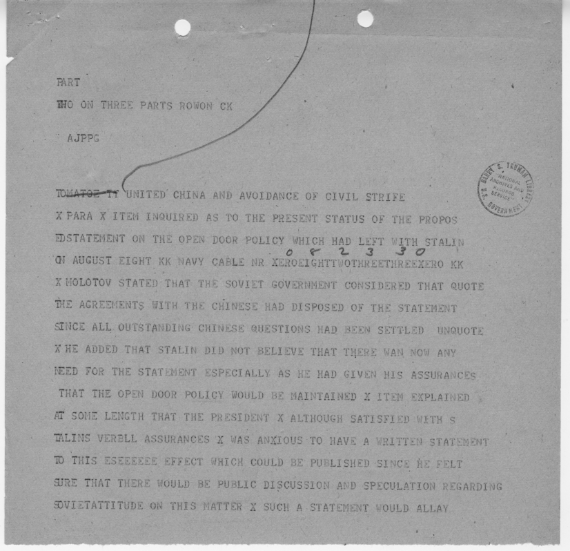 Telegram from Ambassador Averell Harriman to President Harry S. Truman and Secretary of State James Byrnes