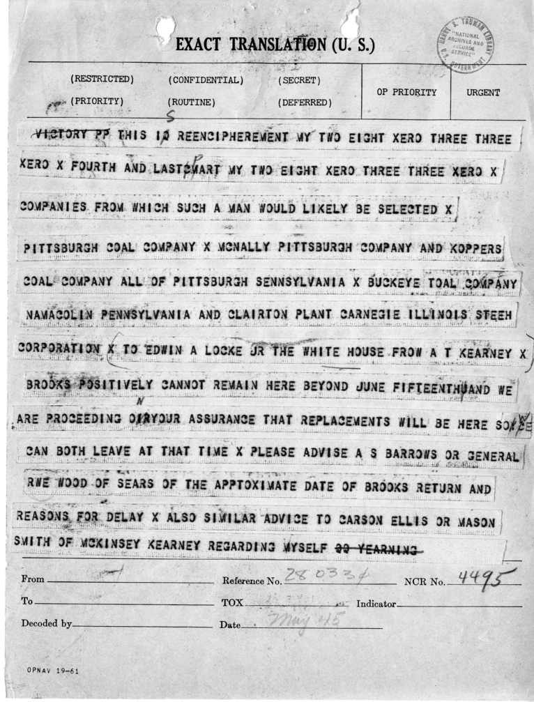 Telegram from A. T. Kearney to Edwin Locke, Jr.