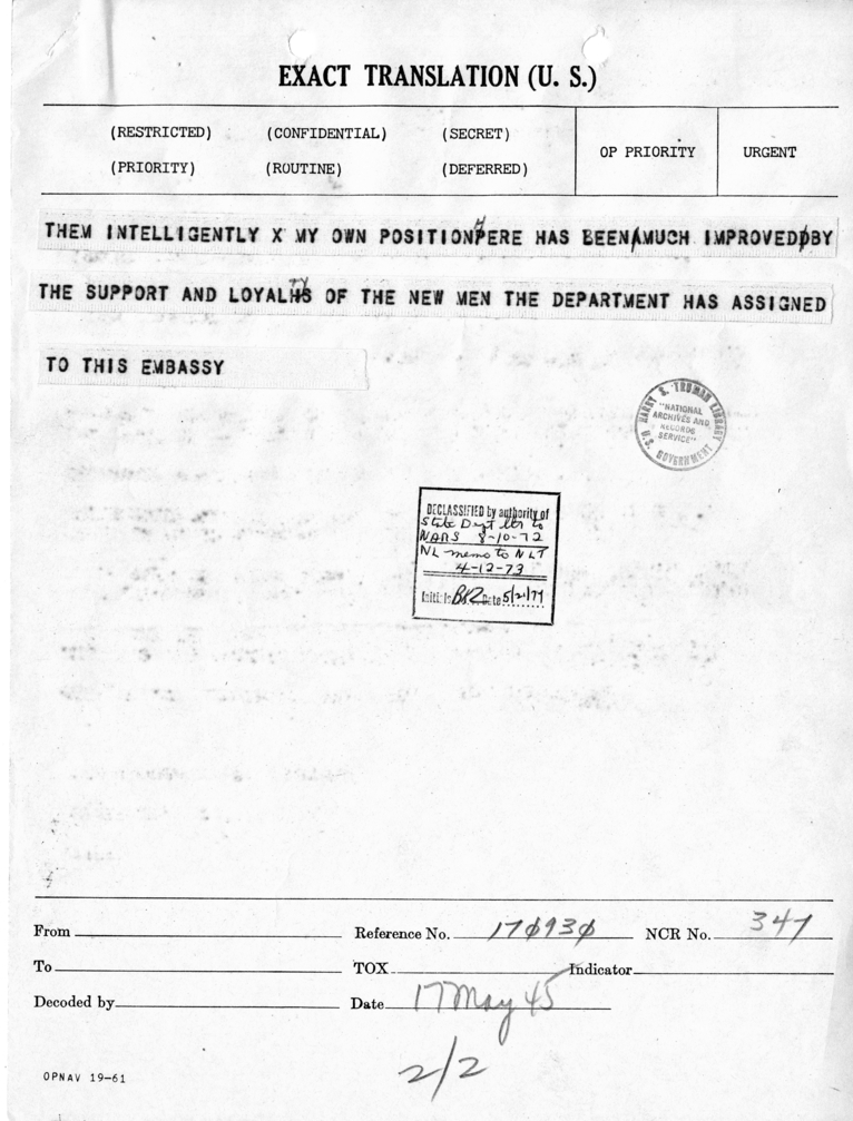 Telegram from Ambassador Patrick J. Hurley toSecretary of State Edward R. Stettinius