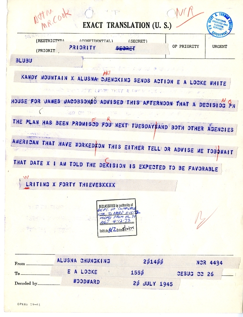 Telegram from the American Legation Naval Attache, Chungking to Edwin A. Locke, Jr.