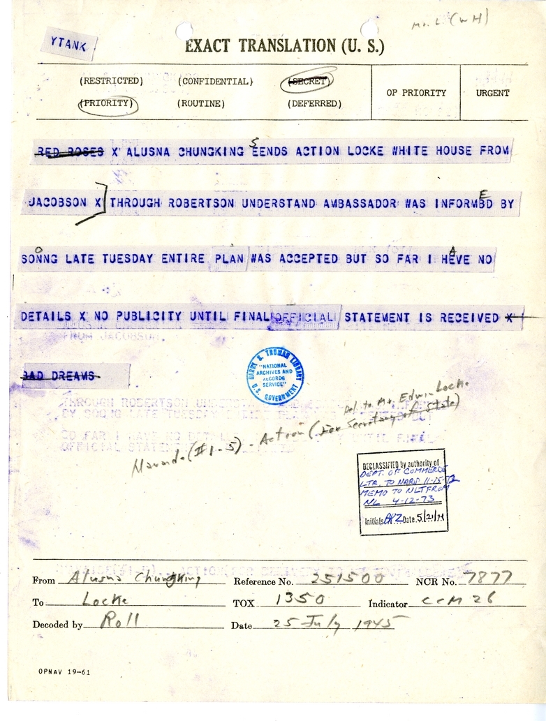 Telegram from American Legation Naval Attache, Chungking to Edwin A. Locke, Jr.