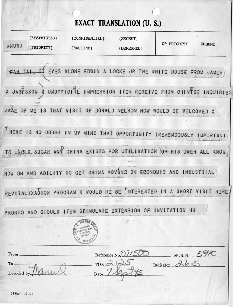 Telegram from James A. Jacobson to Edwin A. Locke, Jr.
