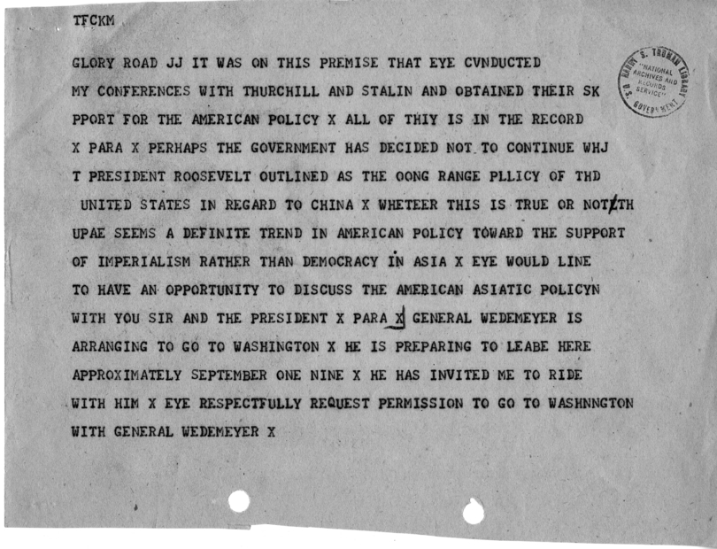 Teletype from Ambassador Patrick J. Hurley to Secretary of State James Byrnes