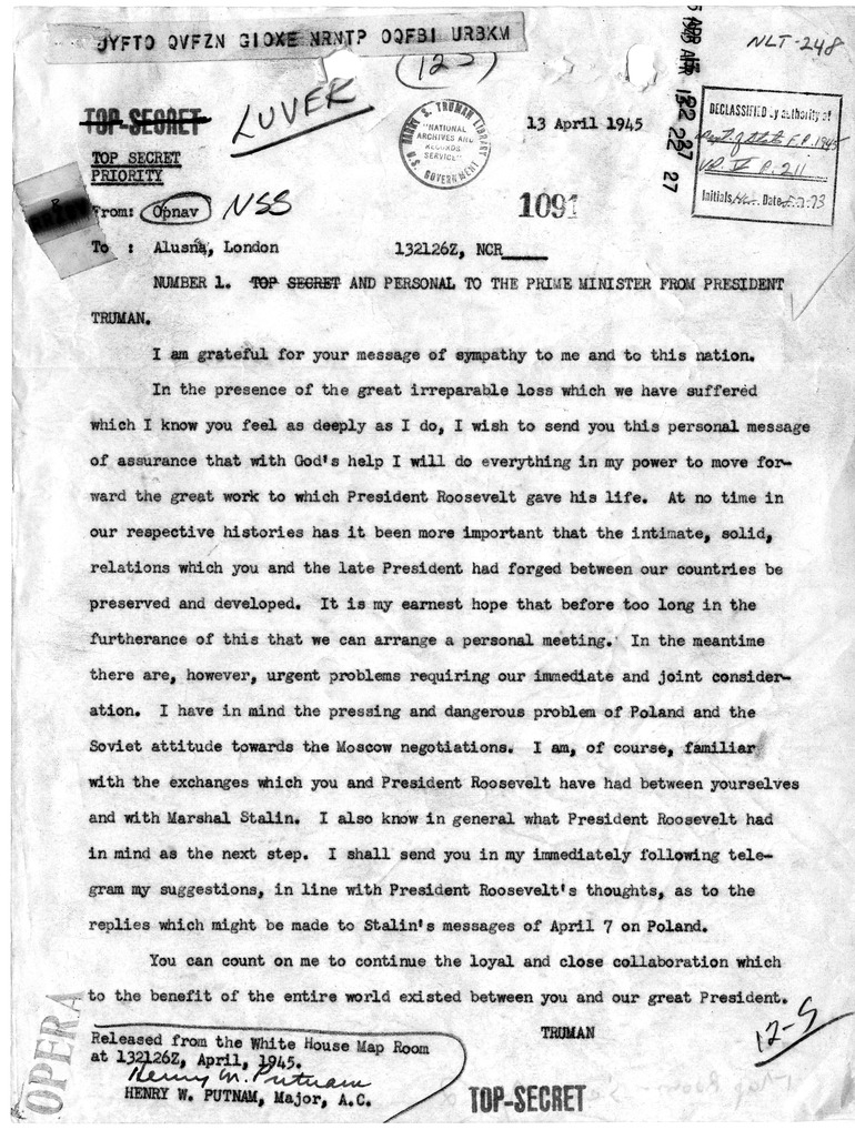 Telegram from President Harry S. Truman to Prime Minister Winston Churchill