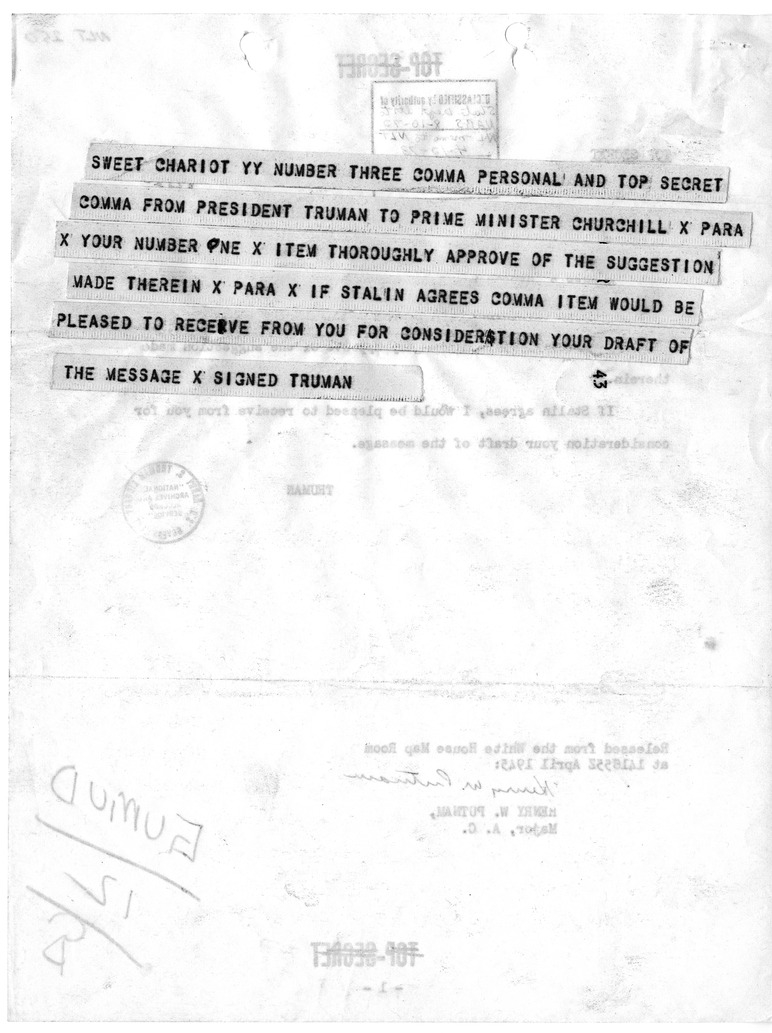 Telegram from President Harry S. Truman to Prime Minister Winston Churchill