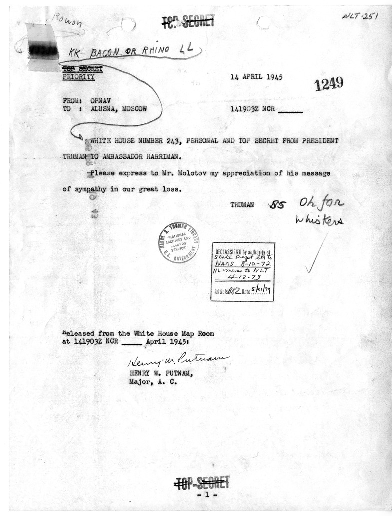 Telegram from President Harry S. Truman to Ambassador Averell Harriman