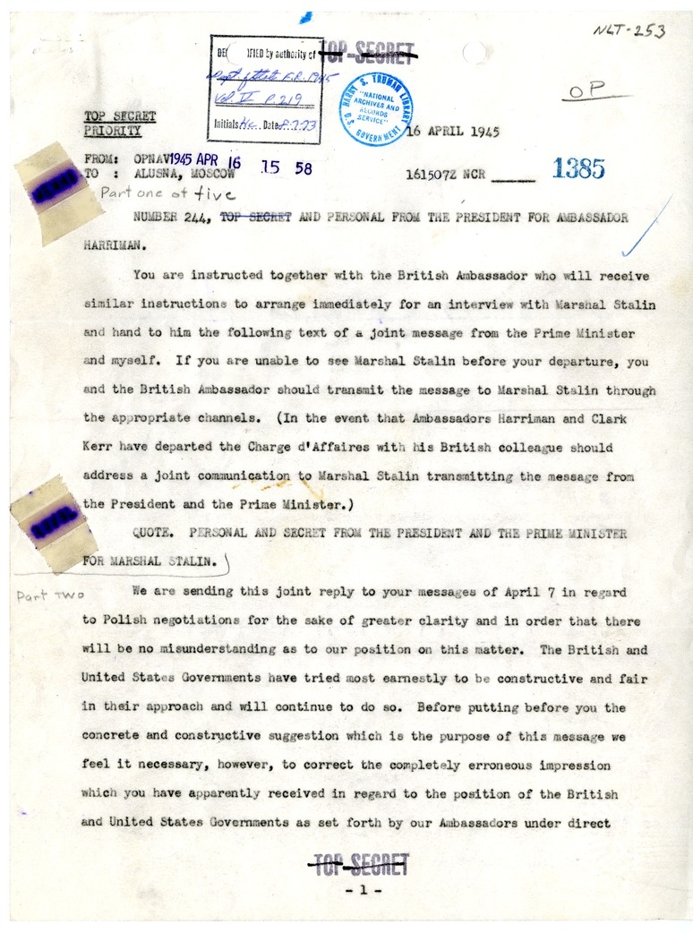 Telegram from President Harry S. Truman to Ambassador Averell Harriman