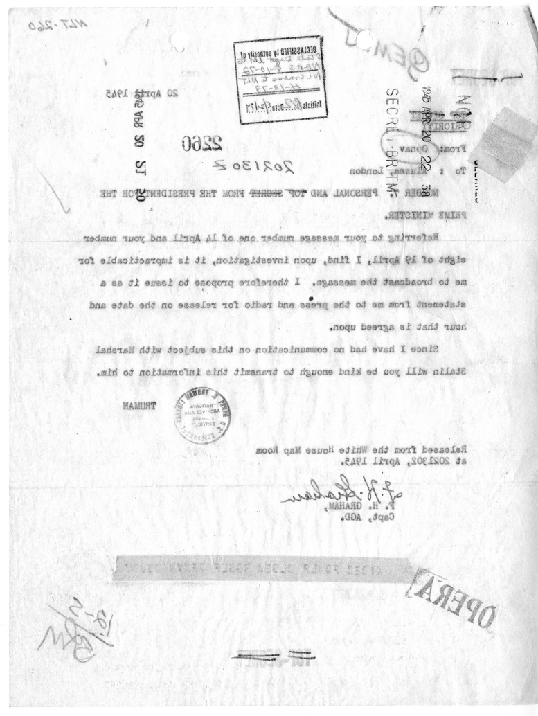 Telegram from President Harry S. Truman to Prime Minister Winston Churchill