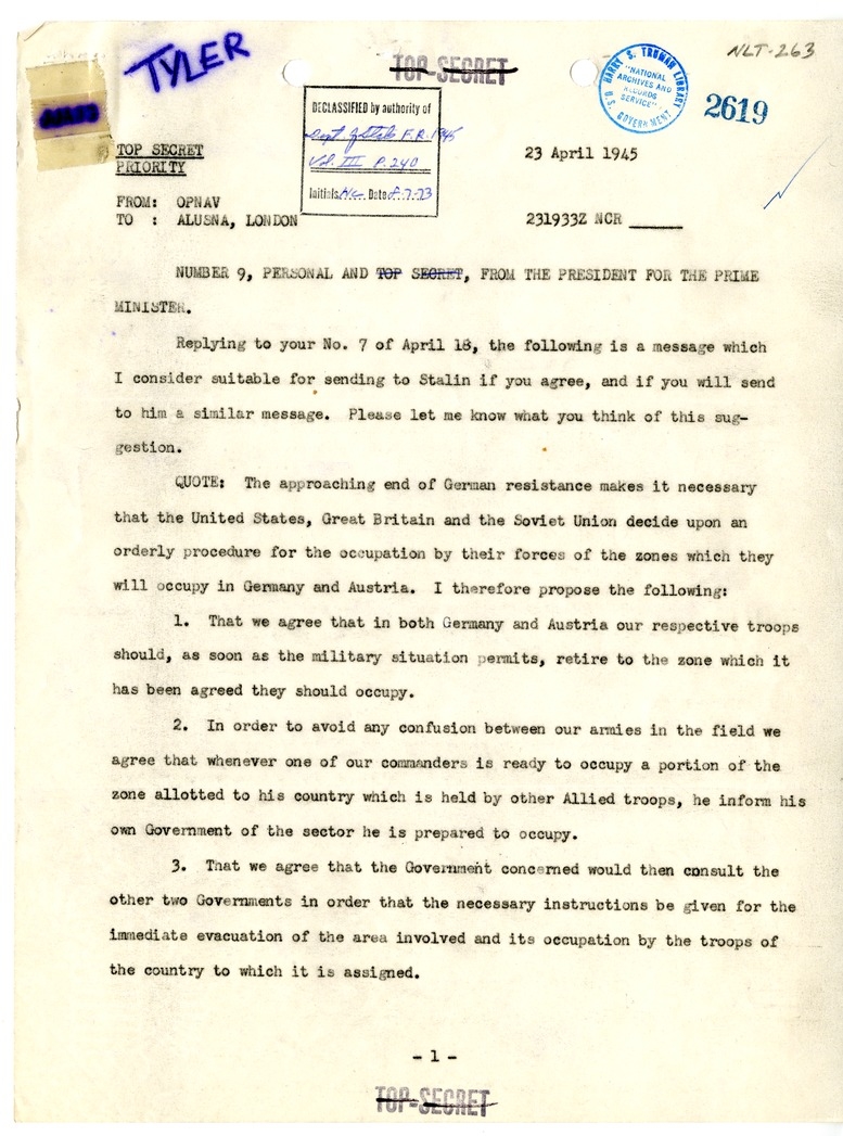 Telegram from President Harry S. Truman to Prime Minister Winston Churchill