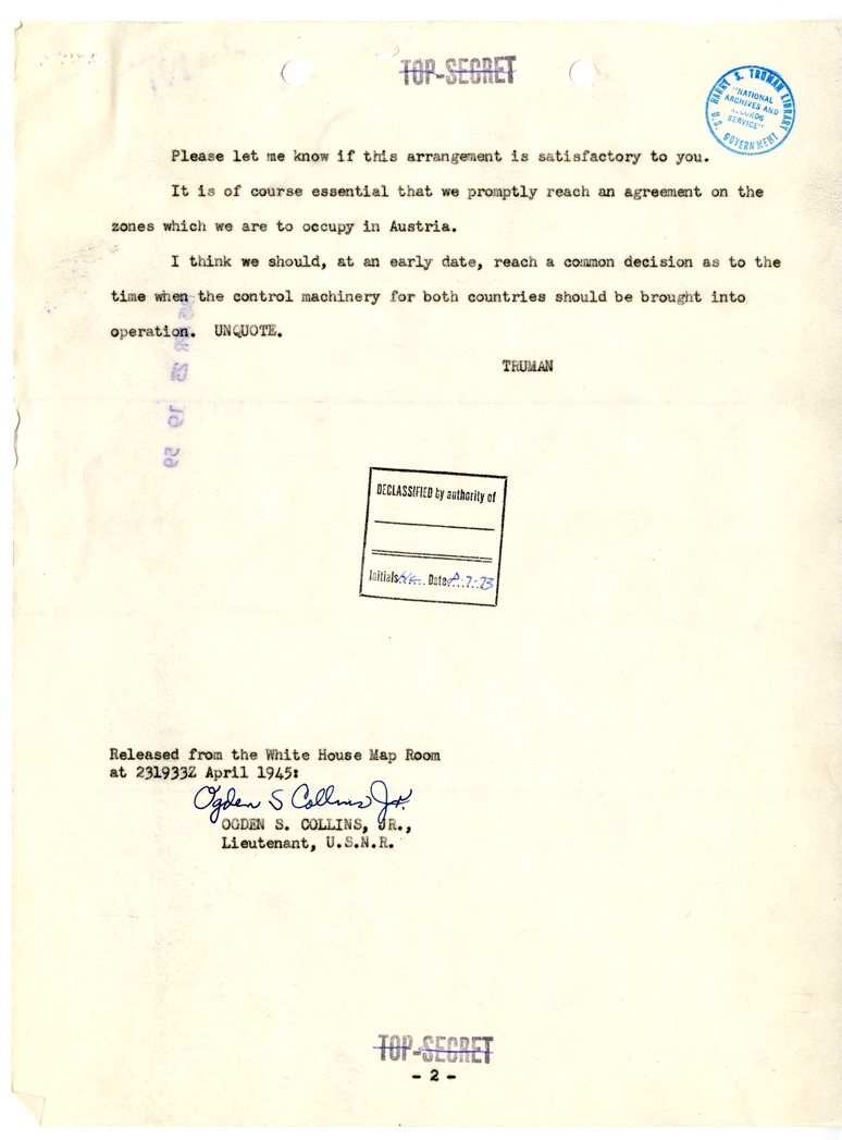 Telegram from President Harry S. Truman to Prime Minister Winston Churchill