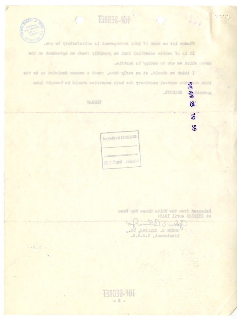 Telegram from President Harry S. Truman to Prime Minister Winston Churchill