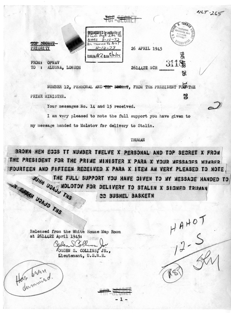 Telegram from President Harry S. Truman to Prime Minister Winston Churchill