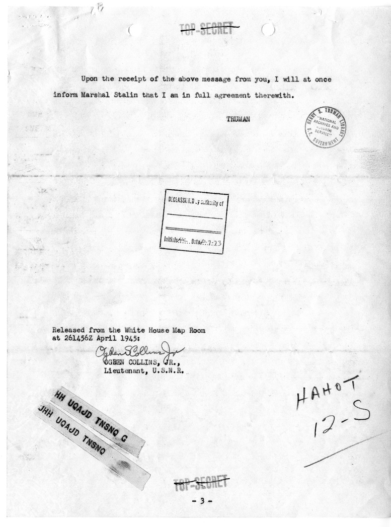 Telegram from President Harry S. Truman to Prime Minister Winston Churchill