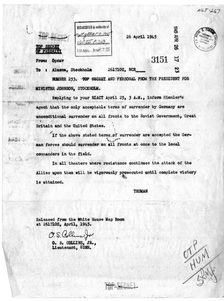 Telegram from President Harry S. Truman to Minister Herschel V. Johnson