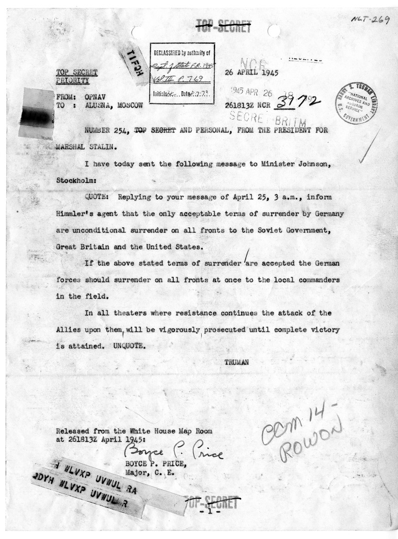 Telegram from President Harry S. Truman to Marshal Joseph Stalin