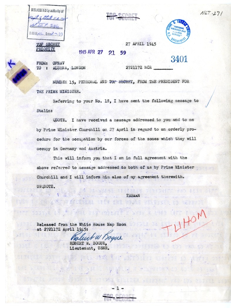 Telegram from President Harry S. Truman to Prime Minister Winston Churchill