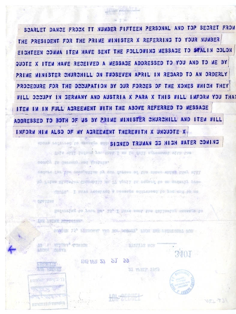 Telegram from President Harry S. Truman to Prime Minister Winston Churchill