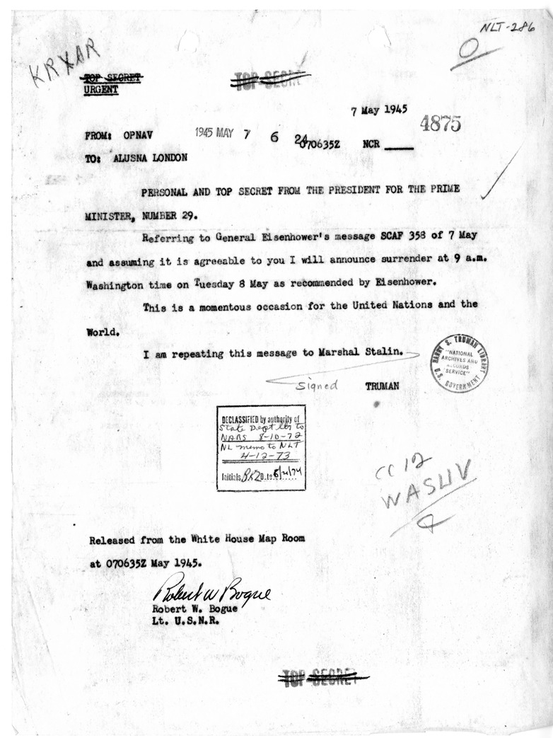 Telegram from President Harry S. Truman to Prime Minister Winston Churchill