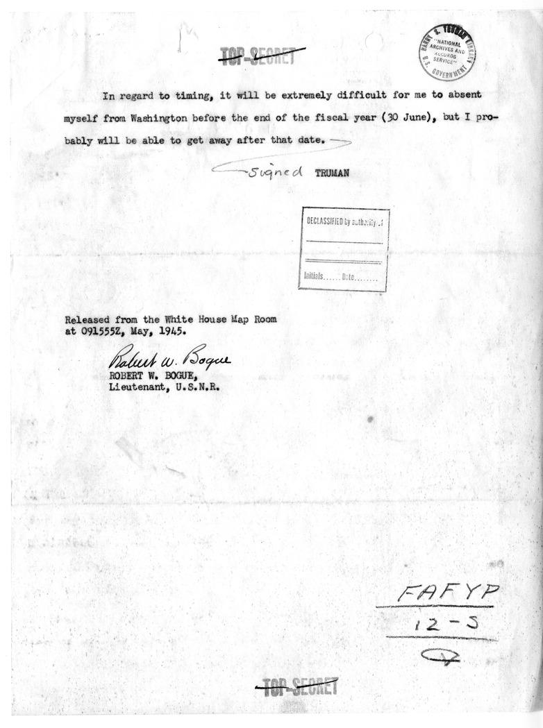 Telegram from President Harry S. Truman to Prime Minister Winston Churchill