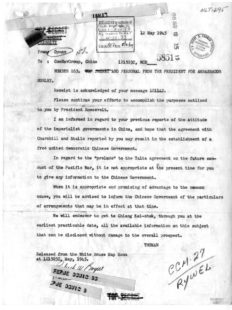 Telegram from President Harry S. Truman to Ambassador Patrick J. Hurley