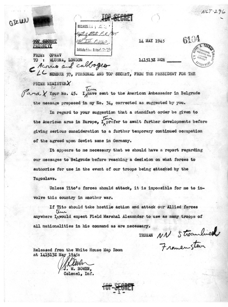 Telegram from President Harry S. Truman to Prime Minister Winston Churchill