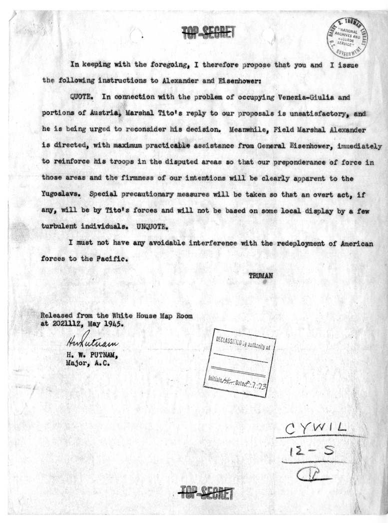 Telegram from President Harry S. Truman to Prime Minister Winston Churchill