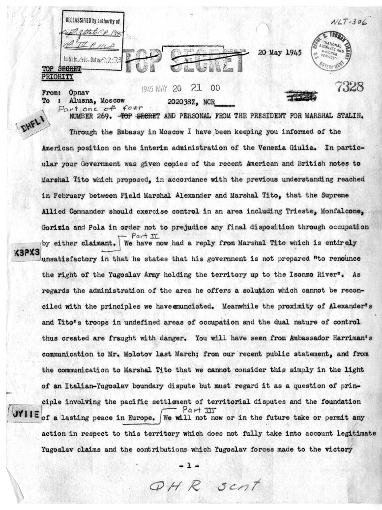 Telegram from President Harry S. Truman to Marshall Joseph Stalin