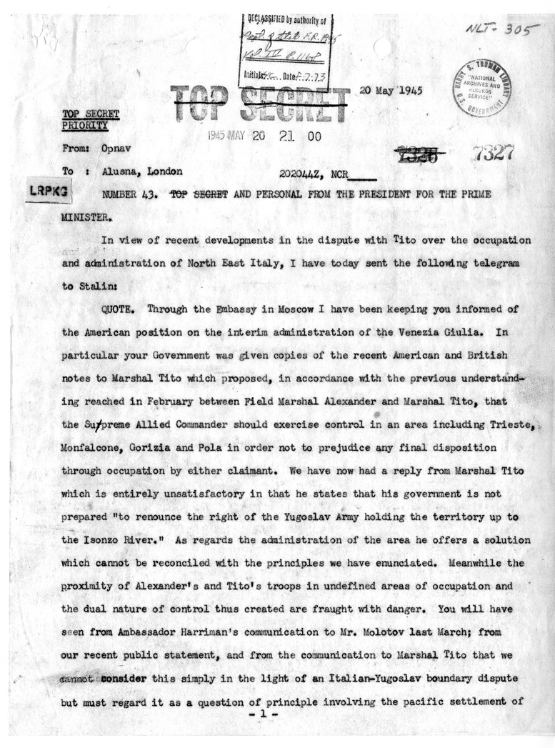 Telegram from President Harry S. Truman to Prime Minister Winston Churchill