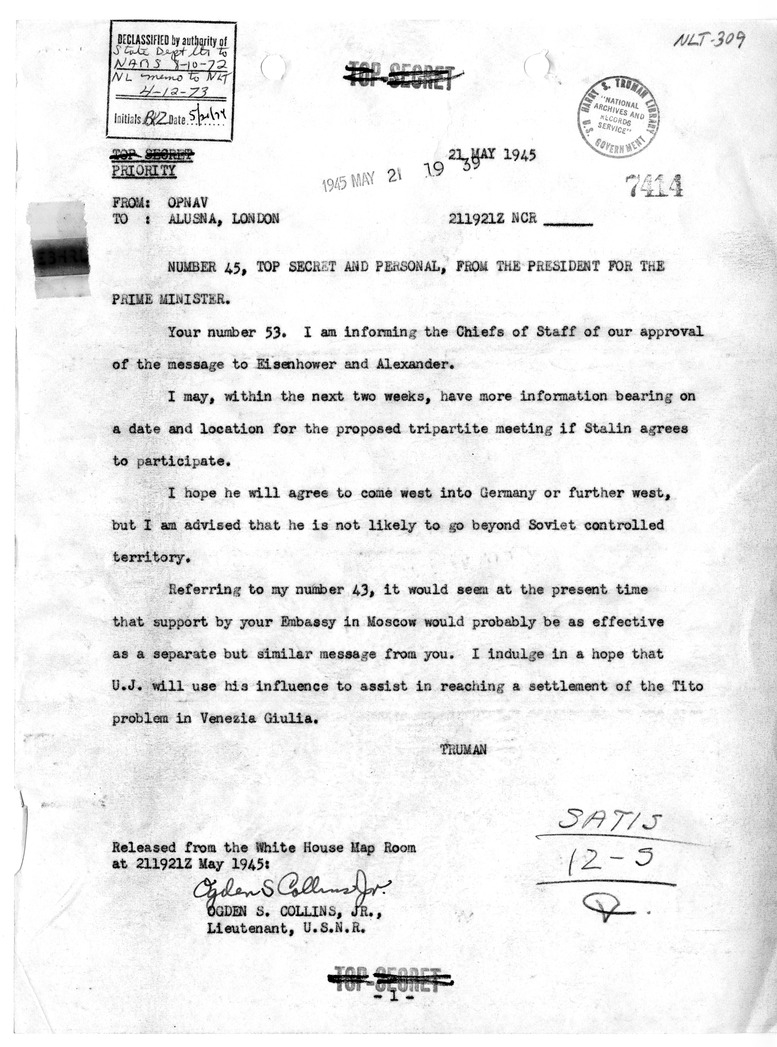 Telegram from President Harry S. Truman to Prime Minister Winston Churchill