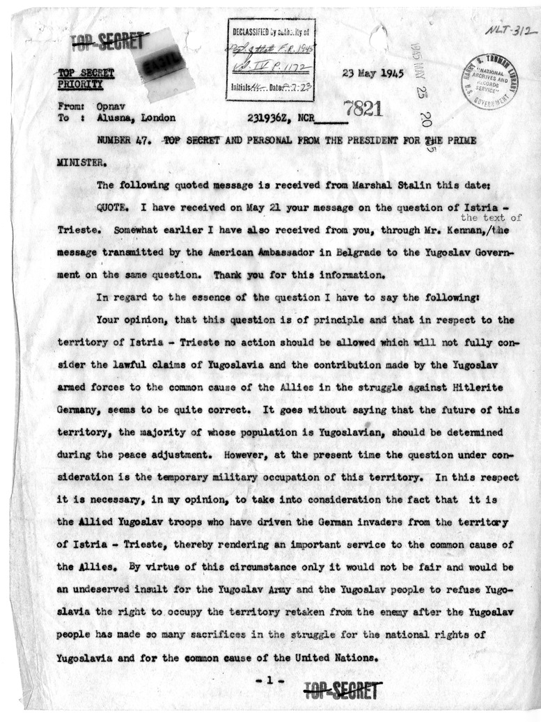 Telegram from President Harry S. Truman to Prime Minister Winston Churchill
