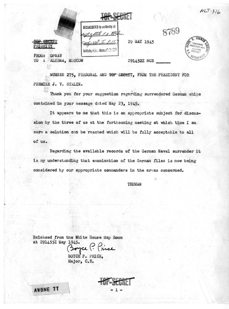 Telegram from President Harry S. Truman to Marshal Joseph Stalin