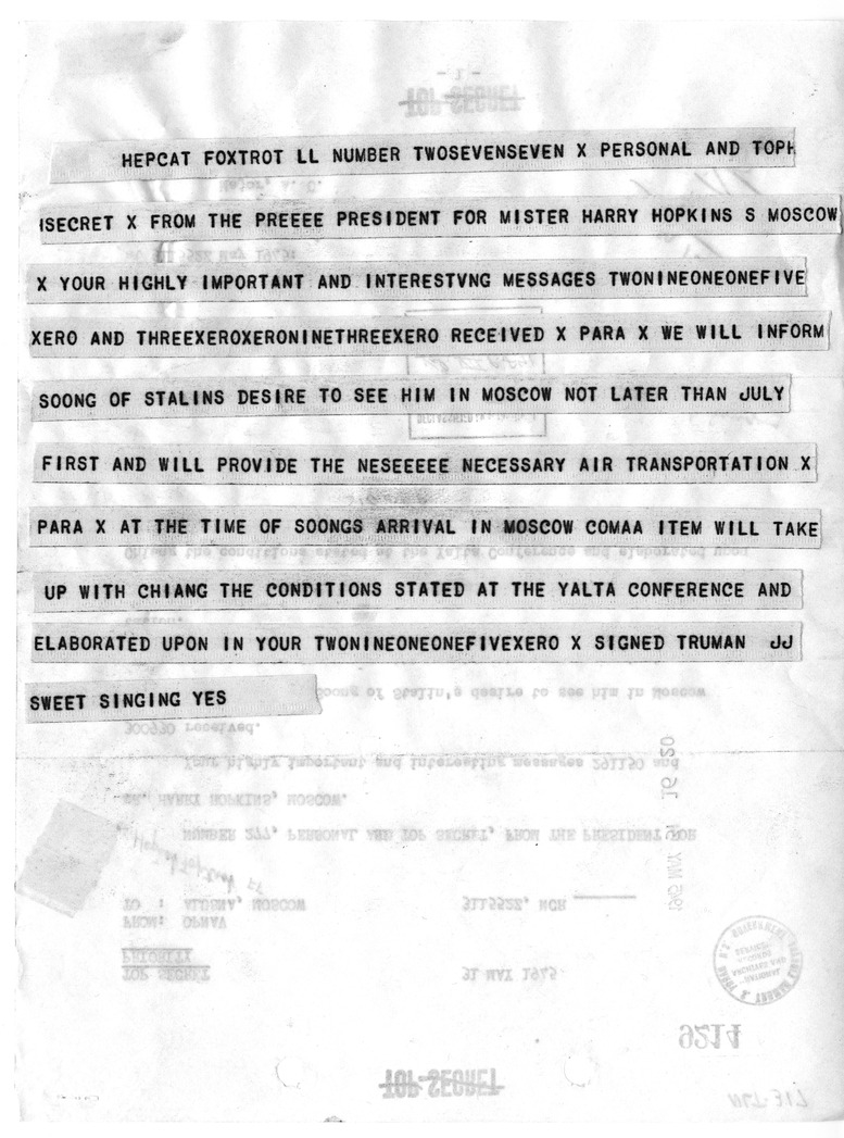 Telegram from President Harry S. Truman to Harry Hopkins