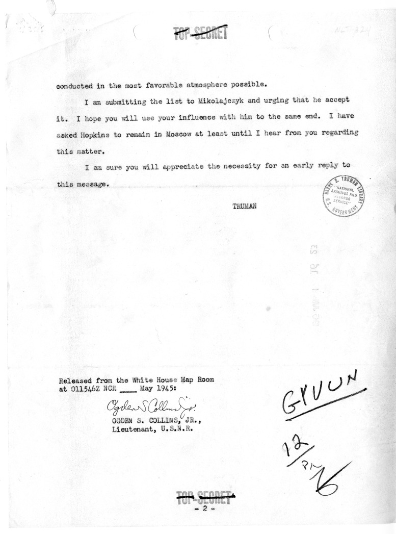 Telegram from President Harry S. Truman to Prime Minister Winston Churchill