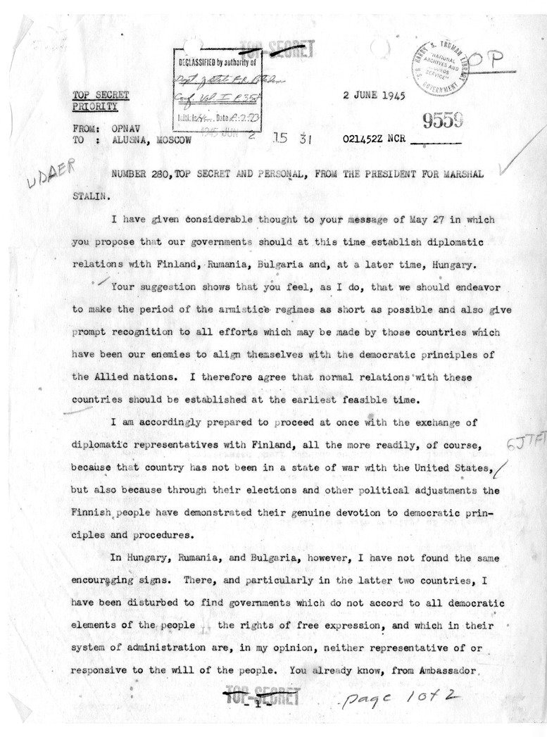 Telegram from President Harry S. Truman to Marshal Joseph Stalin