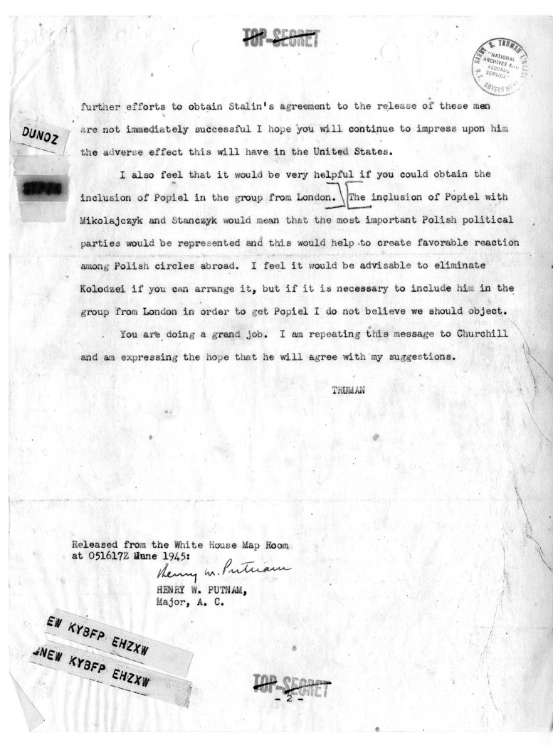 Telegram from President Harry S. Truman to Harry Hopkins