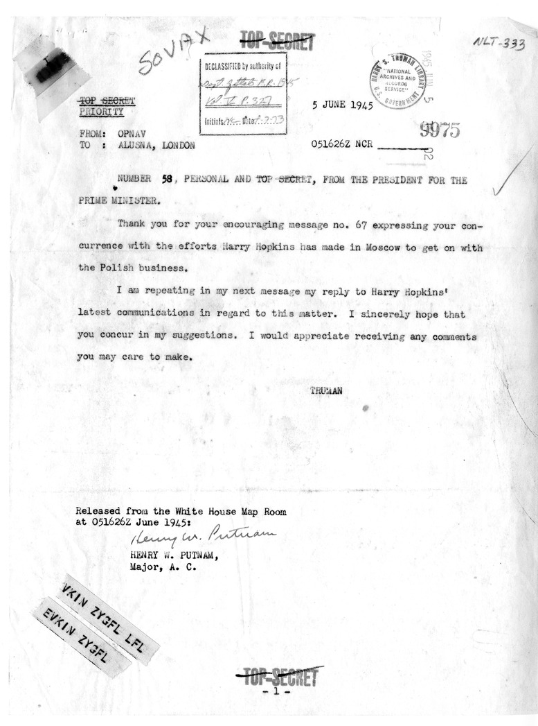 Telegram from President Harry S. Truman to Prime Minister Winston Churchill