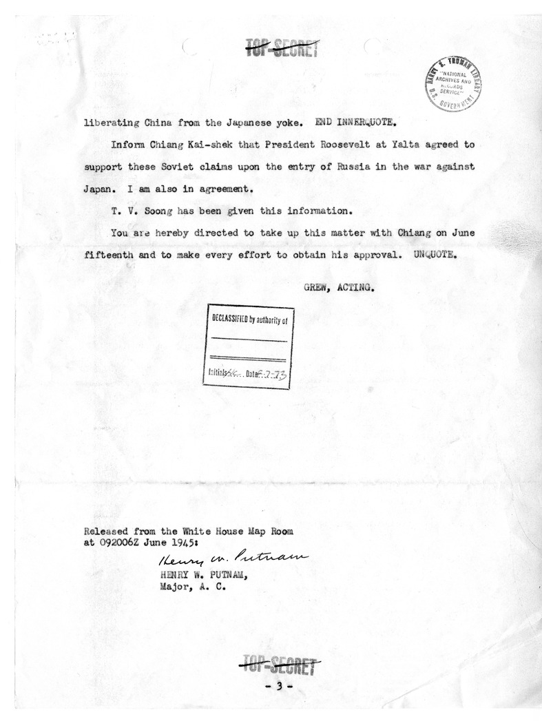 Telegram from Acting Secretary of State Joseph Grew to Ambassador Patrick J. Hurley