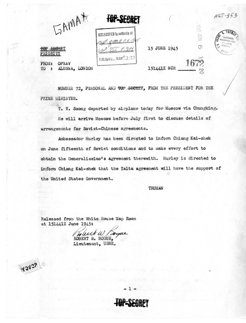 Telegram from President Harry S. Truman to Prime Minister Winston Churchill