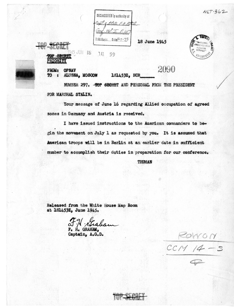 Telegram from President Harry S. Truman to Marshal Joseph Stalin