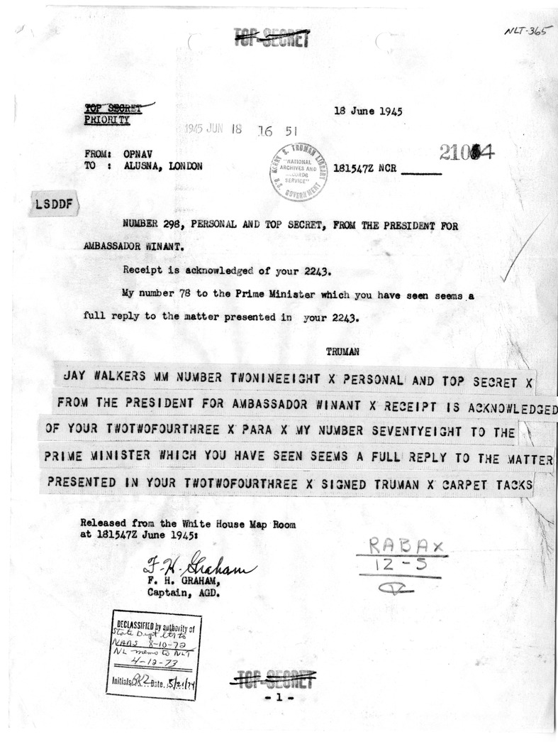 Telegram from President Harry S. Truman to Ambassador John G. Winant