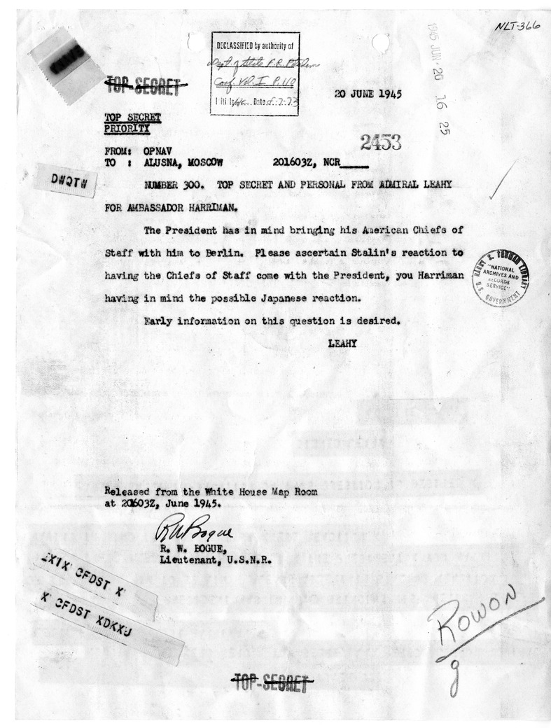 Telegram from Admiral William Leahy to Ambassador Averell Harriman