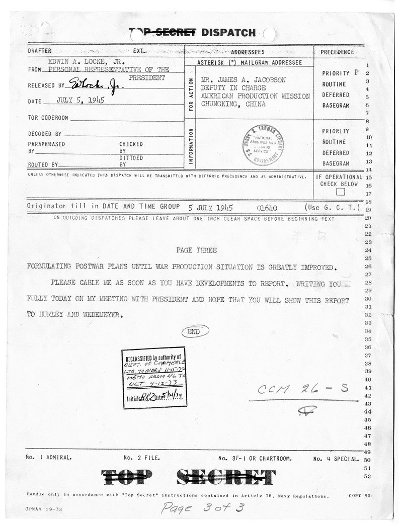 Telegram from Edwin A. Locke, Jr. to James A. Jacobson