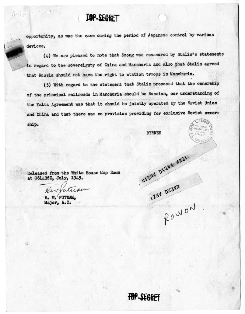 Telegram from Secretary of State James Byrnes to Ambassador Averell Harriman