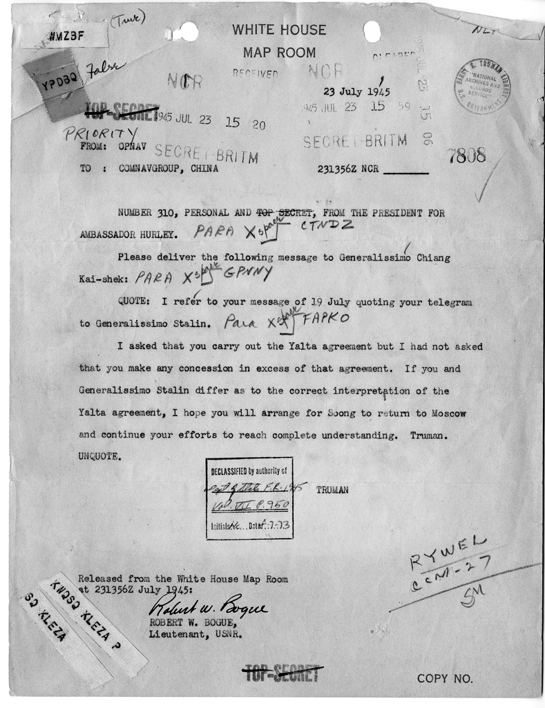Telegram from President Harry S. Truman to Ambassador Patrick J. Hurley