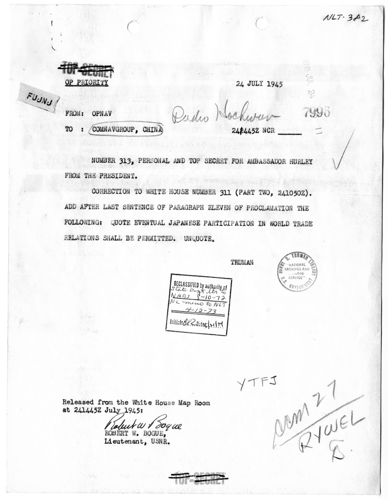 Telegram from President Harry S. Truman to Ambassador Patrick J. Hurley