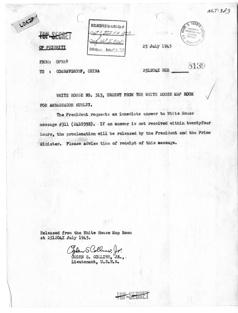 Telegram from President Harry S. Truman to Ambassador Patrick J. Hurley